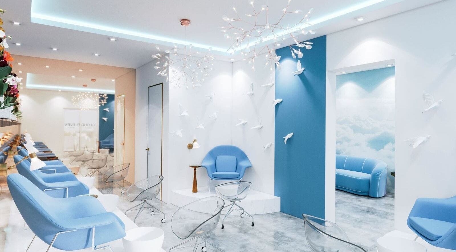 Chic interior of Cloud Eleven Beauty Salon in Dubai, Dubai, AE, with modern blue and white decor.