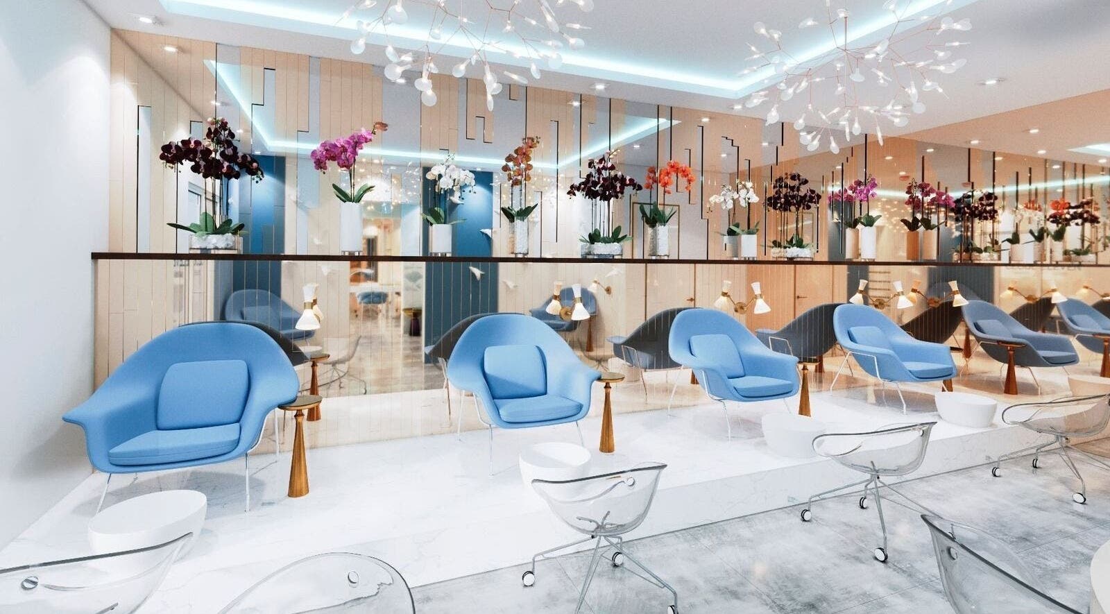 Modern lounge with blue chairs at Cloud Eleven Beauty Salon, Dubai, Dubai, AE, showcasing orchids and sleek decor.