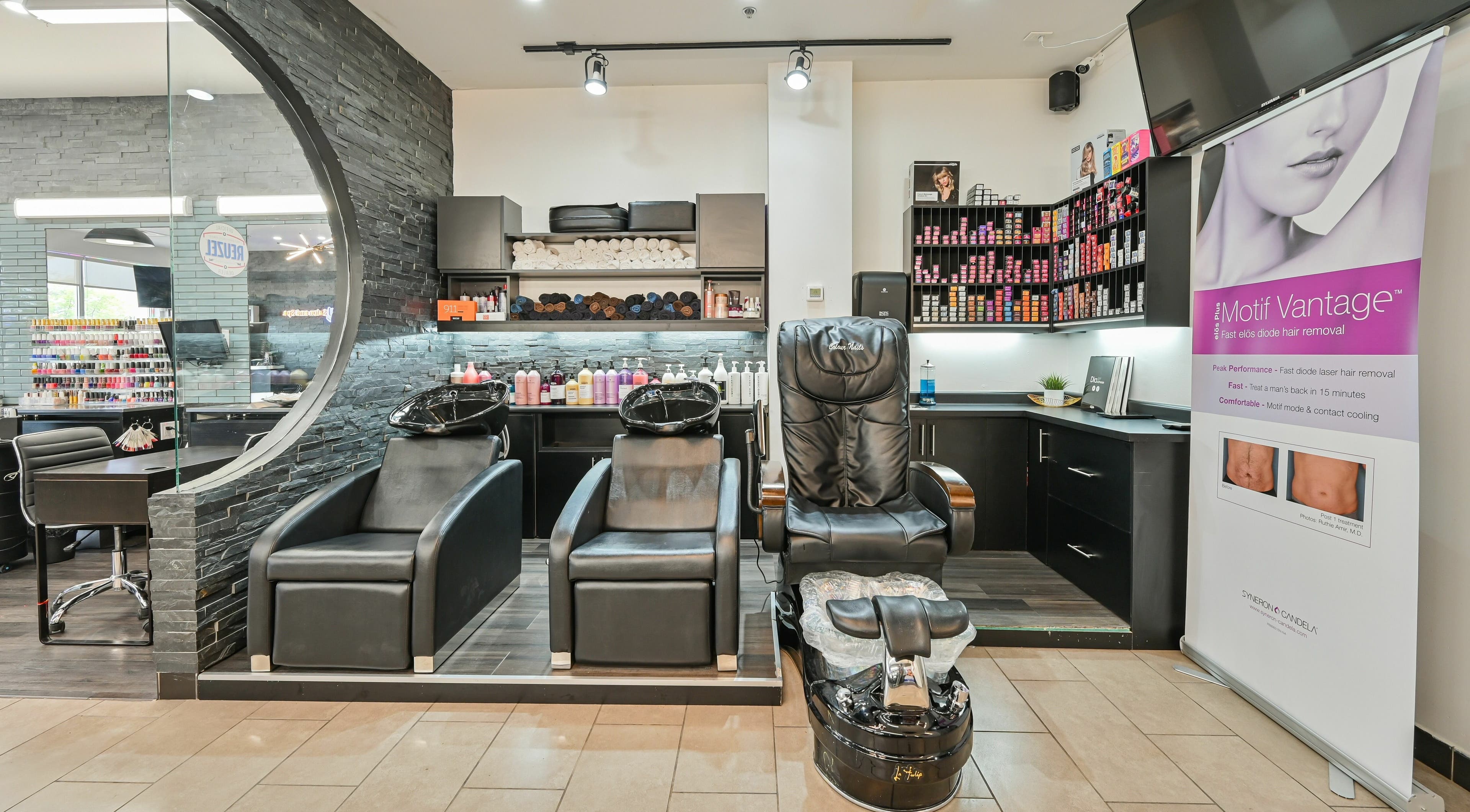 Chic and modern interior of VU Salon and Spa, Mississauga, Ontario, CA offering relaxation and beauty services.