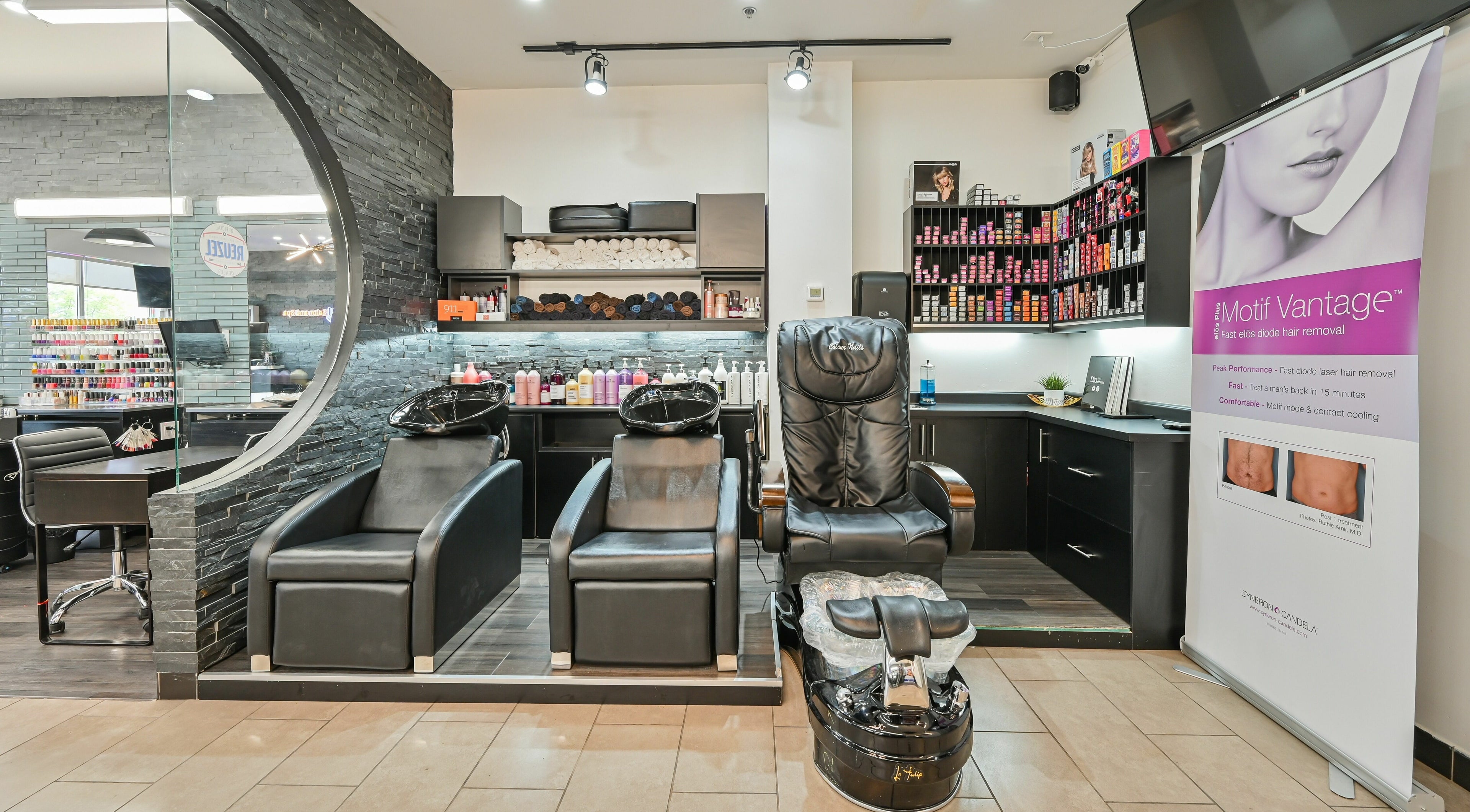 Chic and modern interior of VU Salon and Spa, Mississauga, Ontario, CA offering relaxation and beauty services.