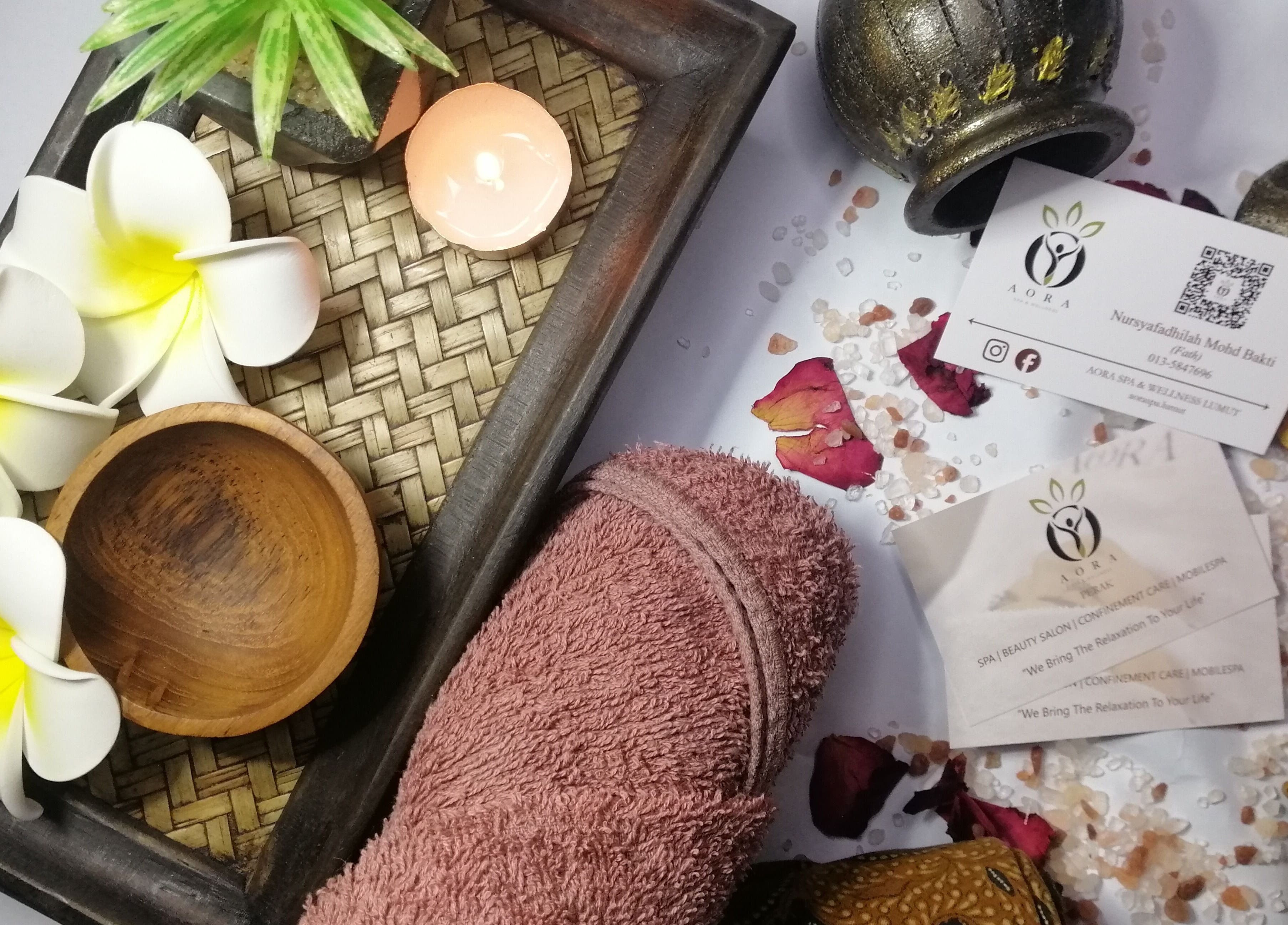 Aora Spa and Wellness - Lumut displays relaxation items like candles and flowers in Lumut, Perak, MY.