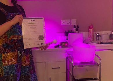 Holistic Therapy by Kayleigh, Baldock, England, showcasing a vibrant sound therapy setting with certifications.