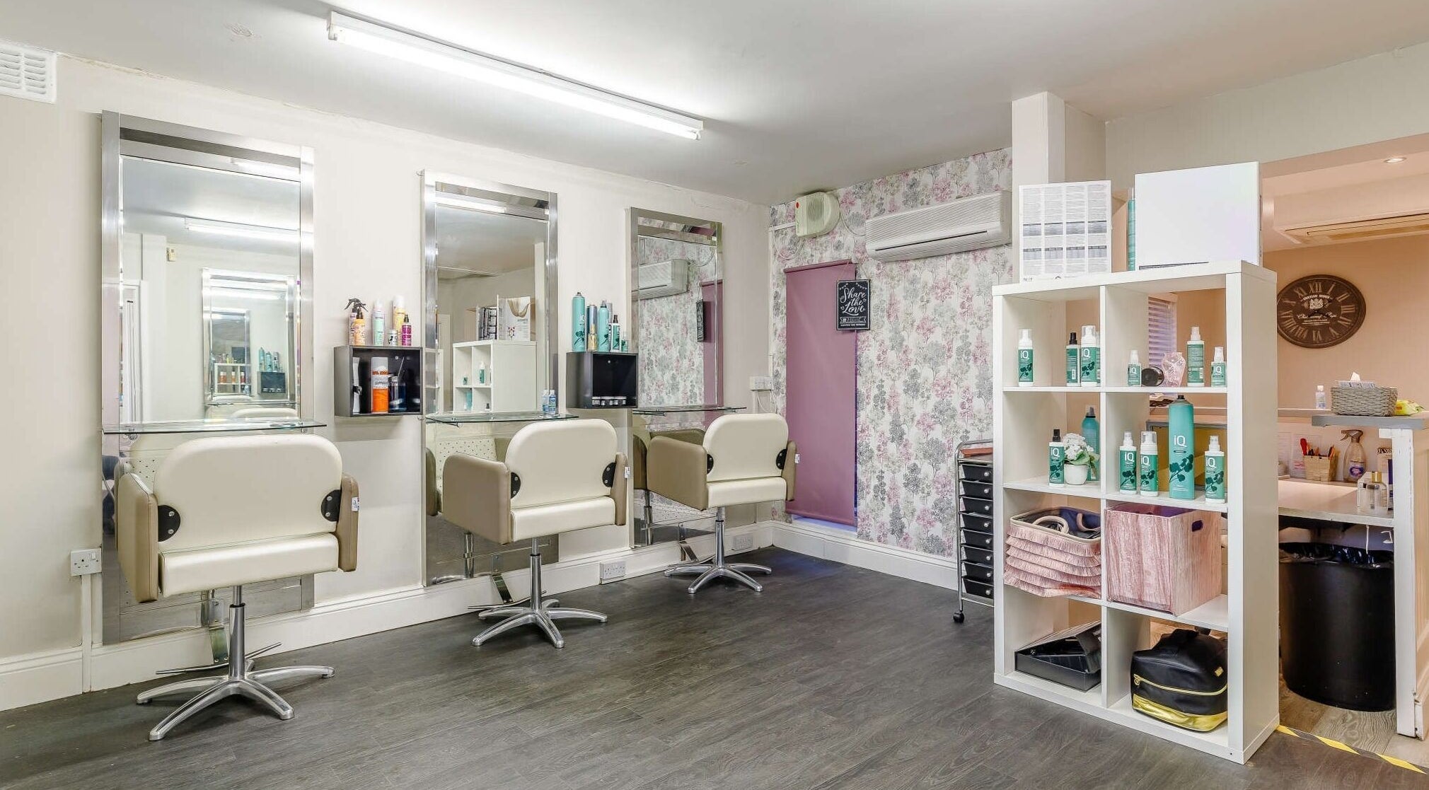 Modern salon chairs and products at Mrs Browns Hair Company in Cannock, England, GB.