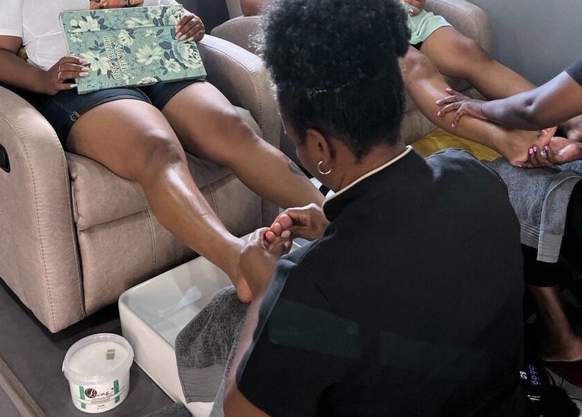 Guests enjoy a relaxing pedicure at Giggles n Kurls Nail Studio Hartbeespoort, Hartbeespoort, North West, ZA.