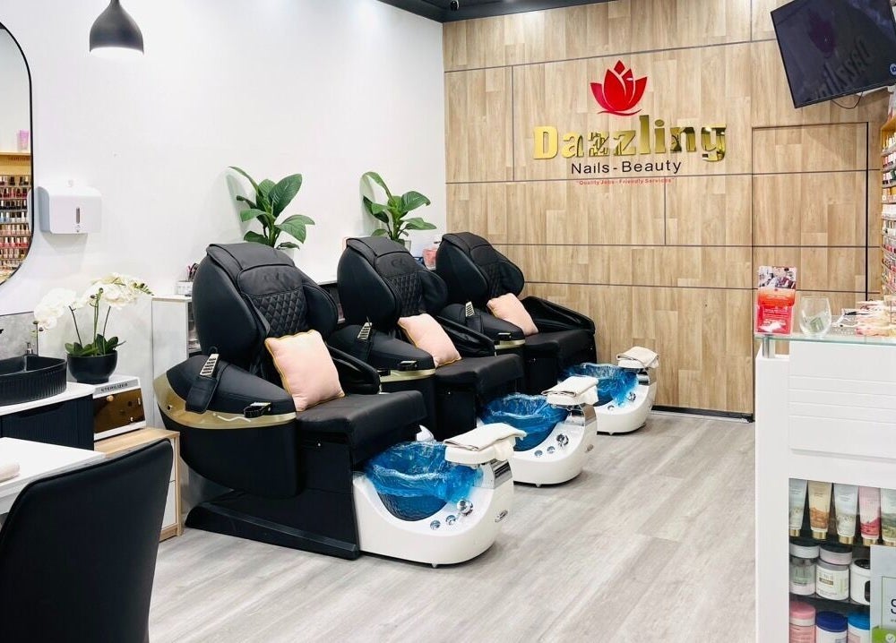 Interior of Dazzling Nails and Beauty in Caringbah, NSW, showcasing comfortable pedicure chairs and decor.