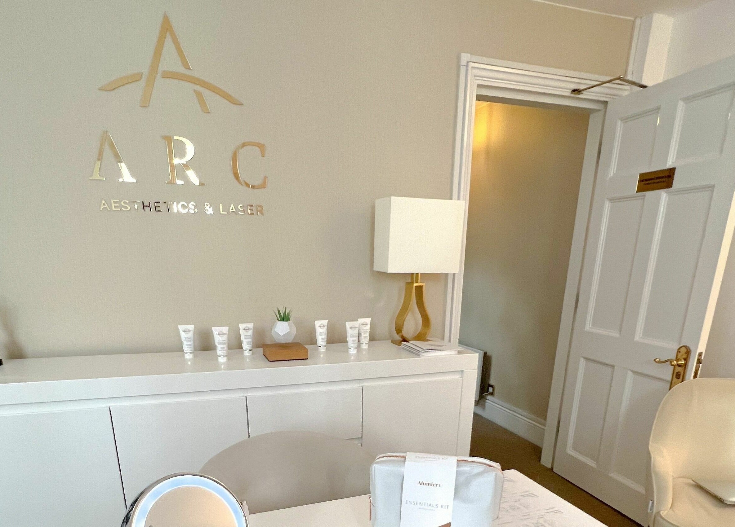 Reception area at ARC Aesthetics and Laser, showcasing a chic decor in London, England, GB.