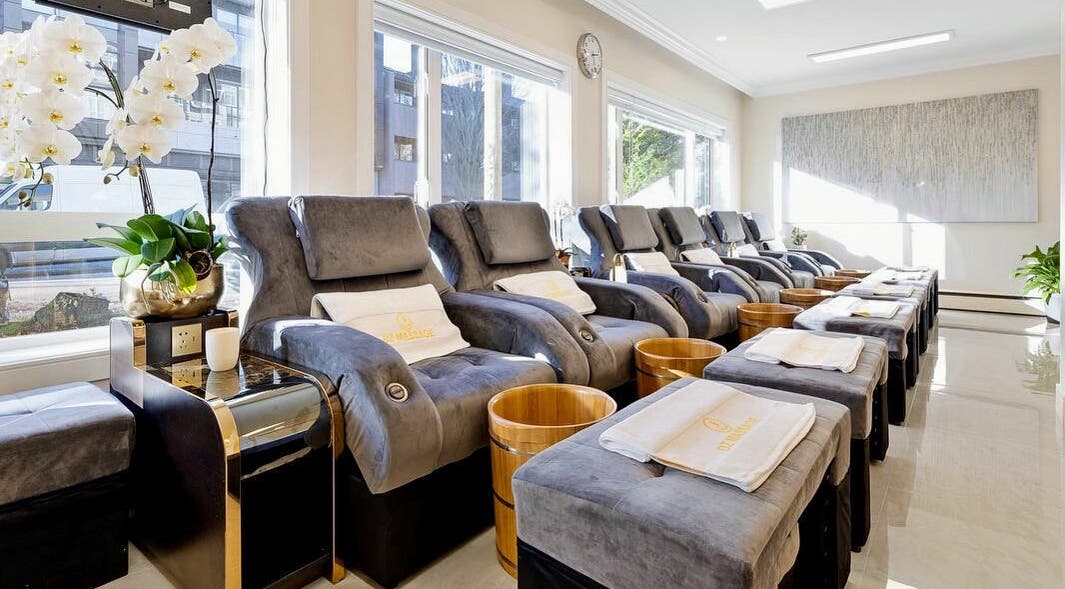 Elegant massage chairs at DZ Massage and Spa, Vancouver, British Columbia, CA, offering a serene ambiance.