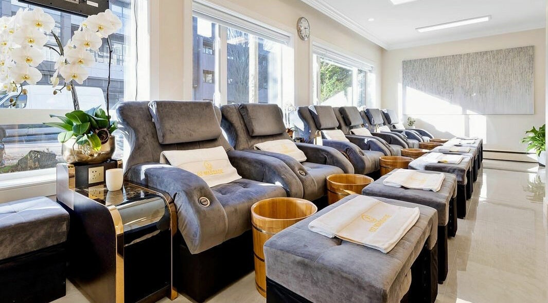 Elegant massage chairs at DZ Massage and Spa, Vancouver, British Columbia, CA, offering a serene ambiance.