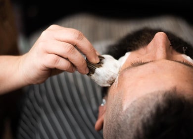 Close-up of a shaving brush at Redcliff Refinery Barbershop & Salon in Redcliff, Alberta, CA.