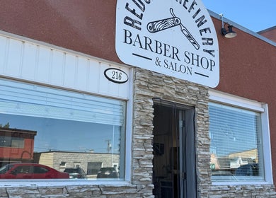 Front view of Redcliff Refinery Barbershop & Salon in Redcliff, Alberta, CA showcasing its inviting exterior.
