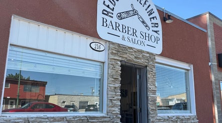 Front exterior of Redcliff Refinery Barbershop & Salon, Redcliff, Alberta, showcasing its modern entrance.