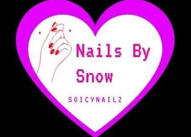 Heart-shaped logo for Valencia Snow, nail services in San Diego, California, US with red nails illustration.