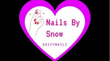 Heart-shaped logo for Valencia Snow, nail services in San Diego, California, US with red nails illustration.