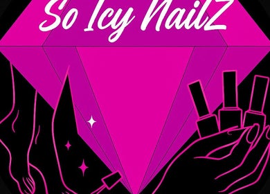 Stylized nail salon logo of Valencia Snow in San Diego, California, US with vibrant pinks and blacks.