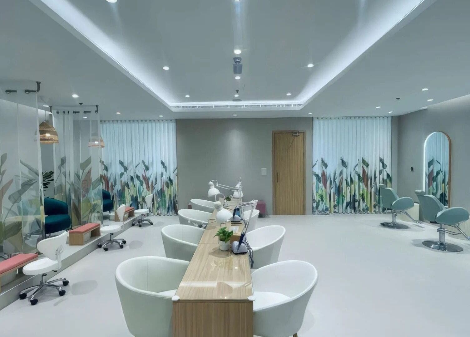 Modern beauty lounge at Home Service, دبي, دبي, AE with stylish chairs, mirrors, and serene decor.