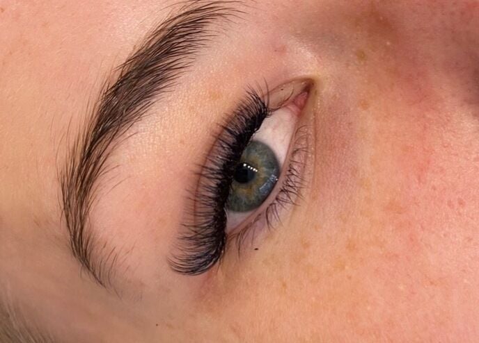 Close-up of eyelash extensions by PR Lashes in Truro, England, GB showcasing detailed lash work.