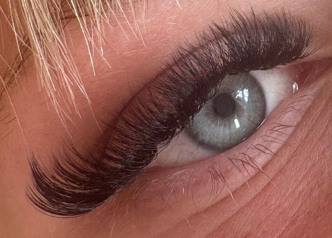 Close-up of eyelash extension at PR Lashes, Truro, England, GB, showcasing full and voluminous lashes.