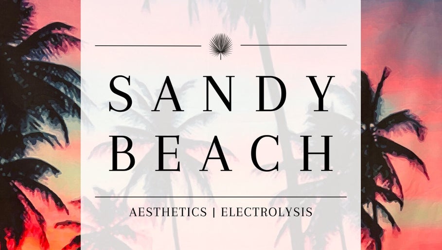 Sandy Beach Aesthetics signage with tropical backdrop in Toronto, Ontario, CA.