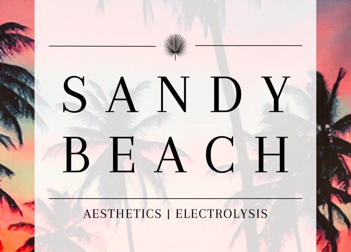 Sandy Beach Aesthetics signage with tropical backdrop in Toronto, Ontario, CA.