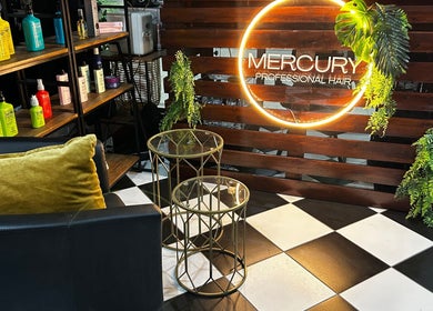 Stylish seating and product display at Mercury Professional Hair and Beauty, Sandton, Gauteng, ZA.