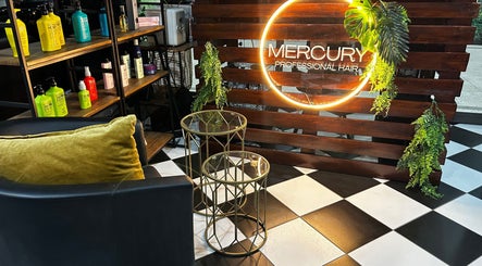 Stylish seating and product display at Mercury Professional Hair and Beauty, Sandton, Gauteng, ZA.