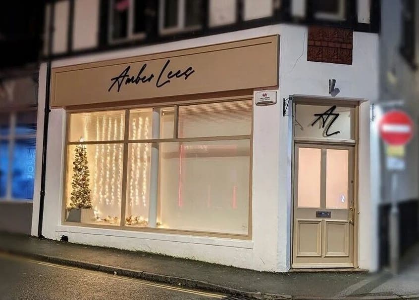 Amber Lees beauty venue exterior with festive lights, Conwy, Wales, GB.