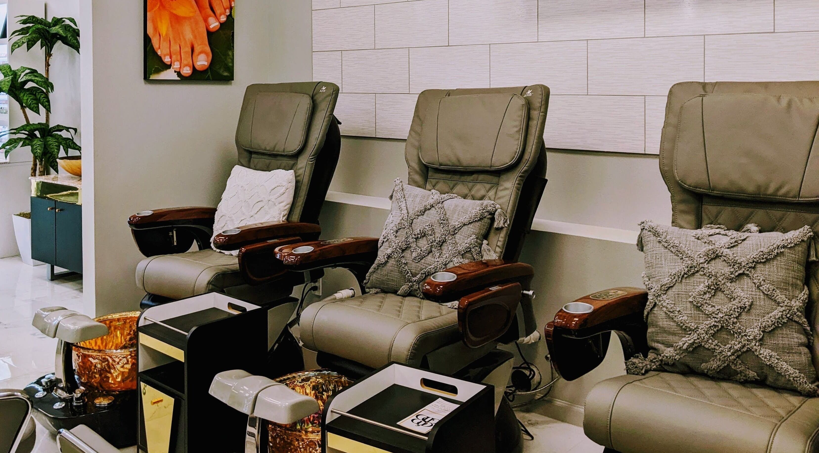 Chic pedicure chairs at Sang Beauty Bar create a relaxing vibe in Baton Rouge, Louisiana, US.