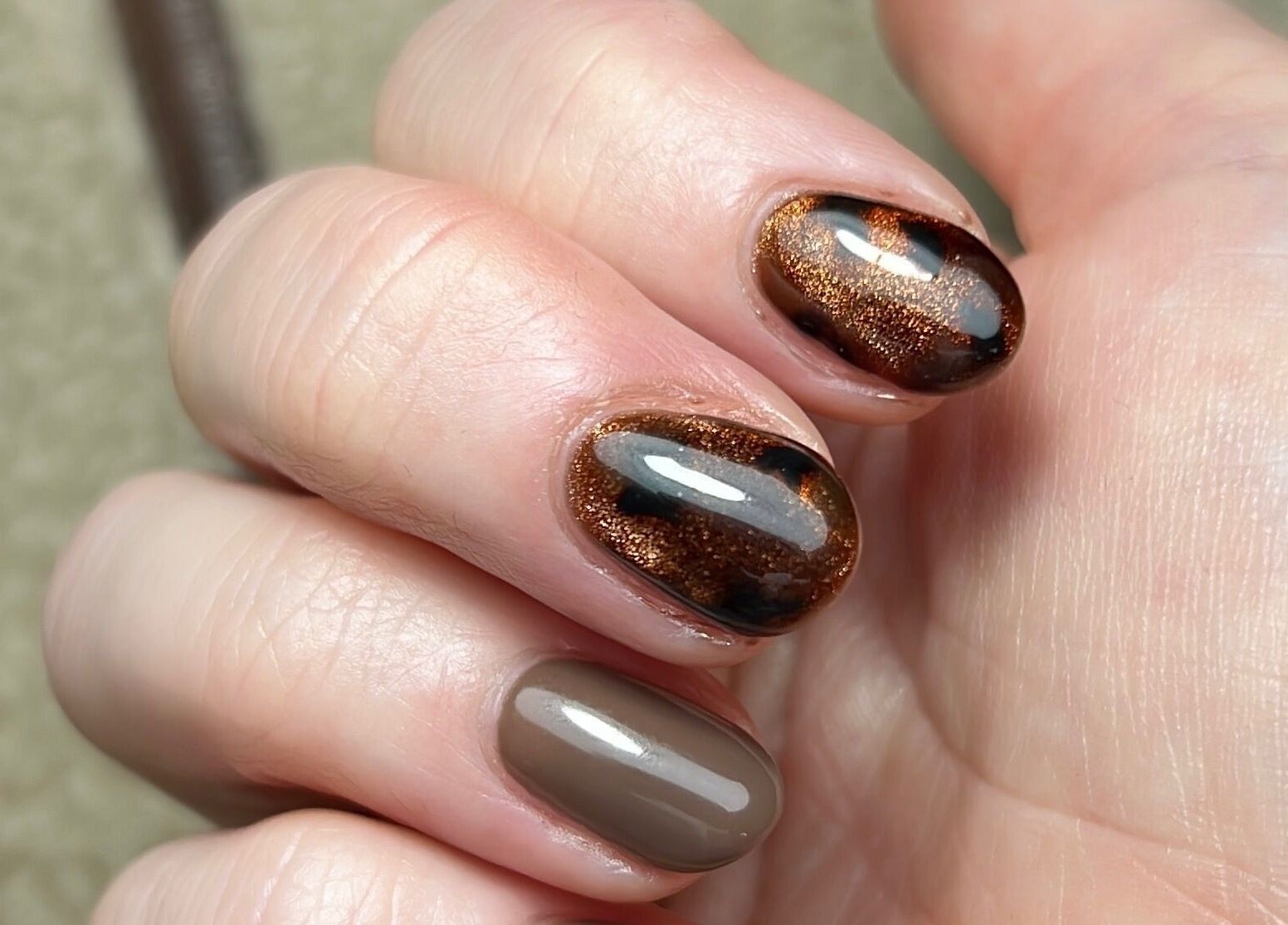 Stylish copper and taupe manicure at By Bethany Rose, Hatfield, England, GB.