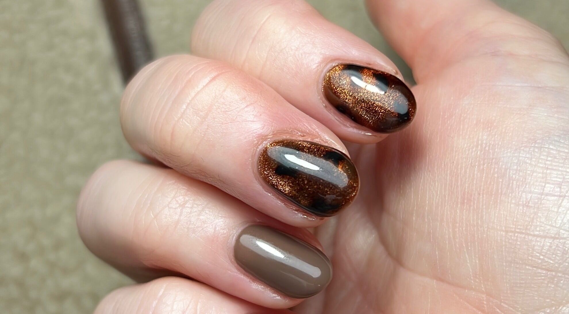 Stylish copper and taupe manicure at By Bethany Rose, Hatfield, England, GB.