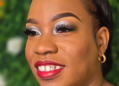 Close-up of a glamorous makeup look at Niva Creations, Saint Michael, Saint Michael, BB with shimmering eyeshadow.