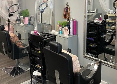 Modern salon chairs and mirrors at Lashes by BW, Atherstone, England, GB, showcasing a stylish beauty space.