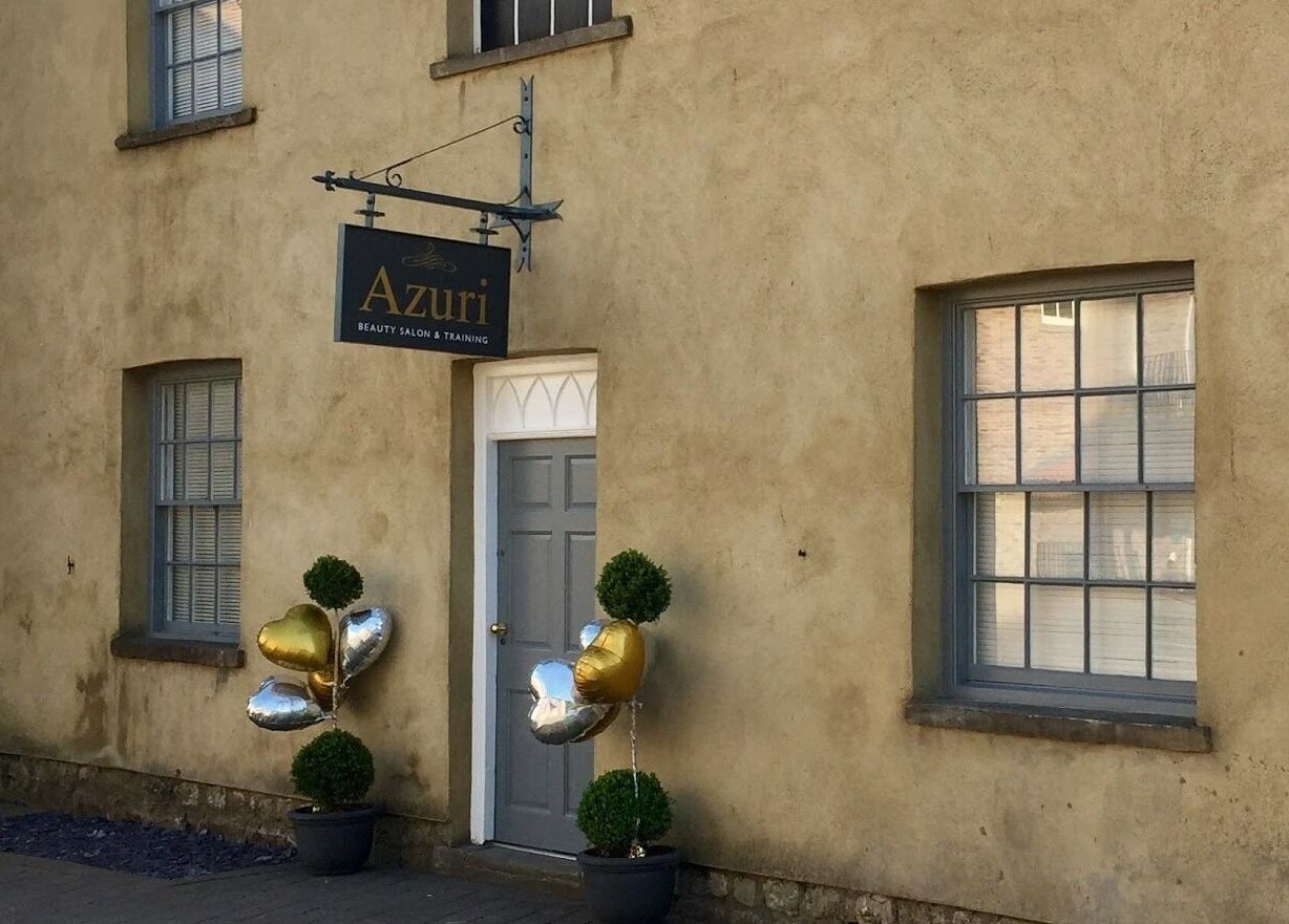 Entrance to Azuri beauty salon with inviting balloons in Ripon, England, GB.