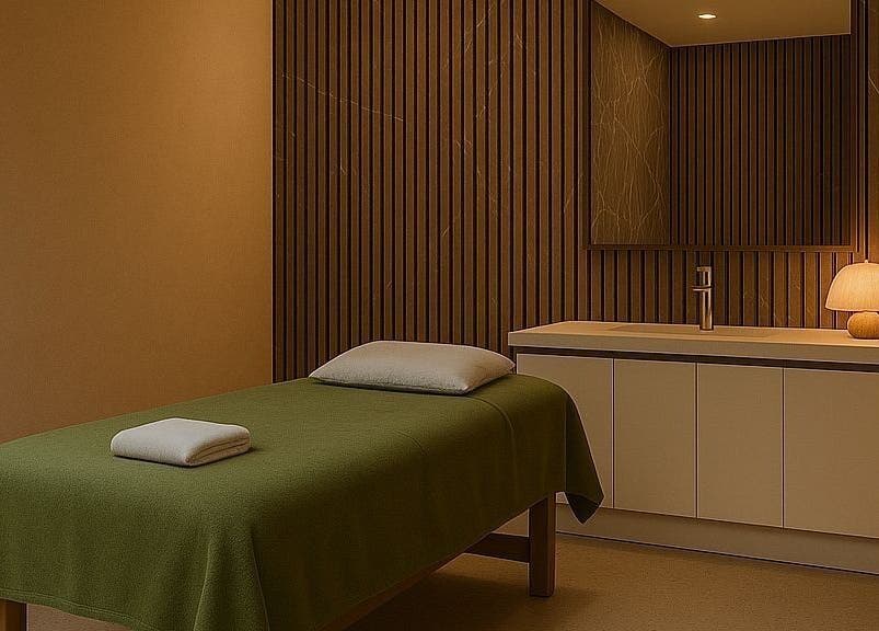 Peaceful massage room at Walking On Clouds | Maida Vale, London, England, GB with warm lighting and green decor.