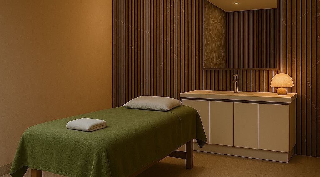 Peaceful massage room at Walking On Clouds | Maida Vale, London, England, GB with warm lighting and green decor.