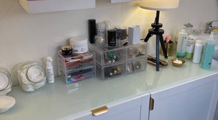Elegant makeup vanity at MBeauty in Dublin, County Dublin, IE with organized skincare products.