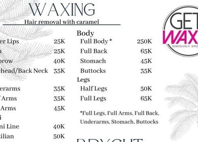 Get Waxed Graha Raya Bintaro waxing services menu, Banten, Banten, ID, listing prices for body and face.
