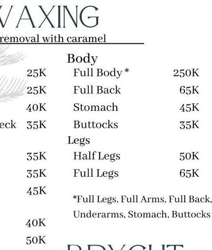 Get Waxed Graha Raya Bintaro waxing services menu, Banten, Banten, ID, listing prices for body and face.