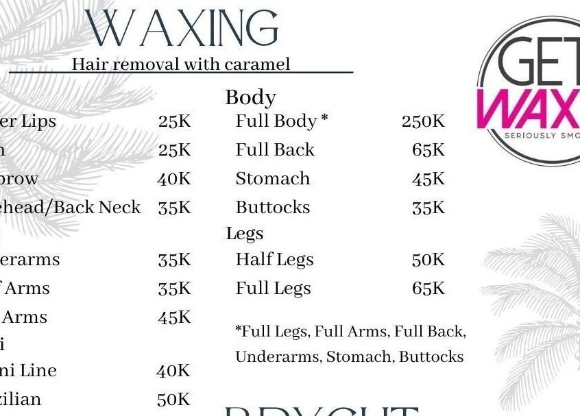 Waxing service menu at Get Waxed Bintaro, Banten, Banten, ID, detailing facial and body waxing prices.