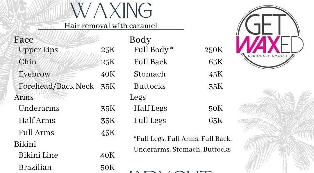 Waxing service menu at Get Waxed Bintaro, Banten, Banten, ID, detailing facial and body waxing prices.