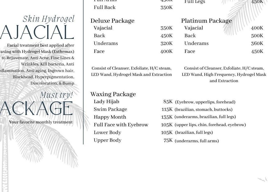 Pricing menu for waxing and Vajacial packages at Get Waxed Bintaro, Banten, Banten, ID.
