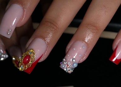 Intricate nail art featuring rhinestones at A K Beauty @ The Salon, Kempston, England, GB.