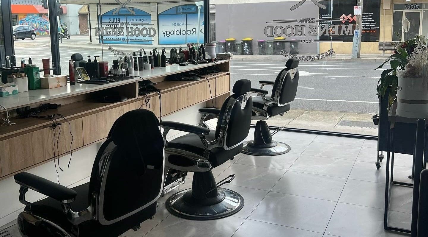 Modern barber chairs and styling products at Menz Hood, Melbourne, Victoria, AU.