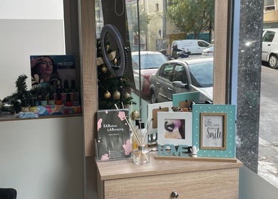 Stylish display of Fabulous Laboratory's beauty products by the window in Athina, Attici, GR.