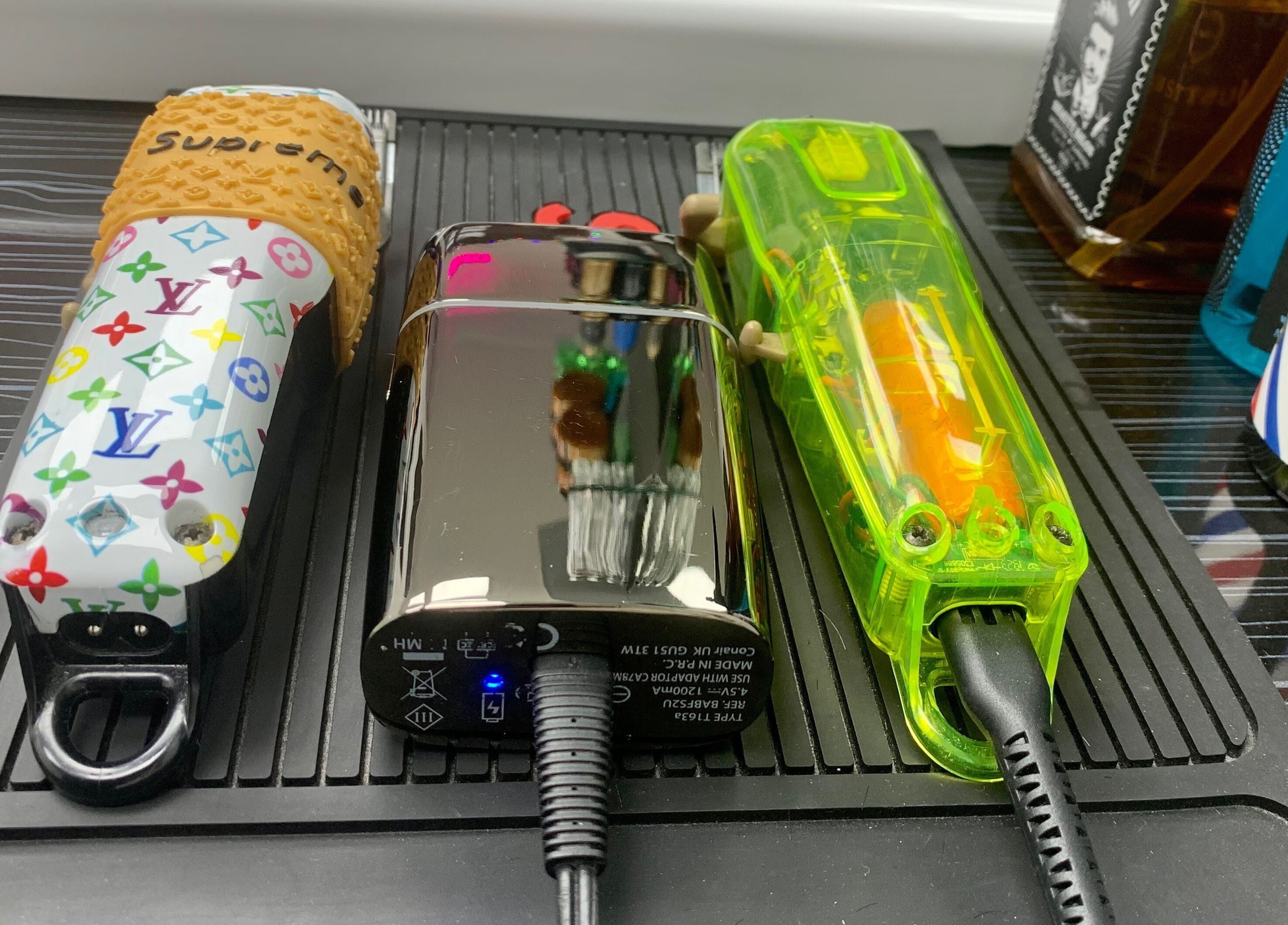 Stylish barber clippers on display at Who’s Next Barbers, Littlehampton, England, GB.