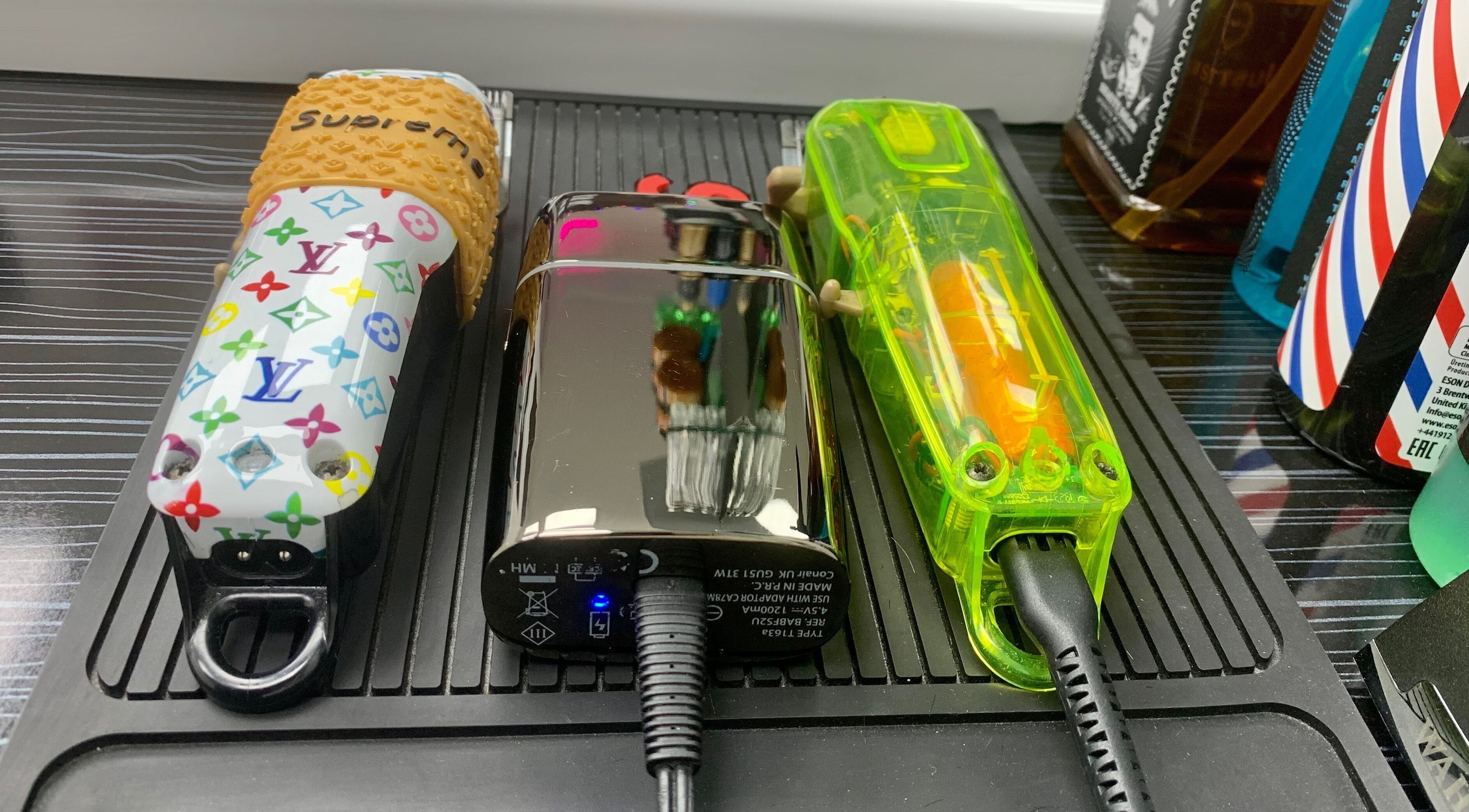 Stylish barber clippers on display at Who’s Next Barbers, Littlehampton, England, GB.