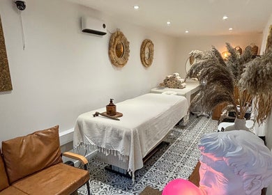Relaxing massage room at Studio Leme - Male Massage & Spa, London, England, GB with a cozy, tranquil ambiance.