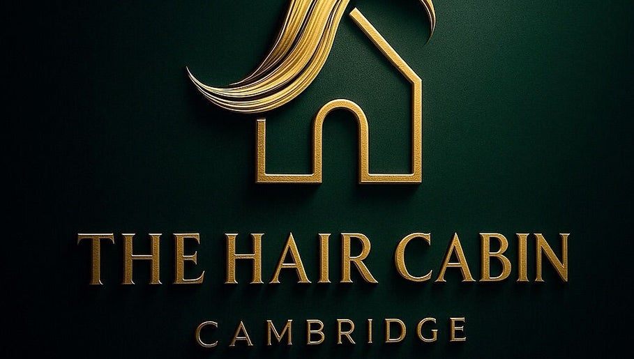 Golden logo of The Hair Cabin, Cambridge, England, GB on a dark background.