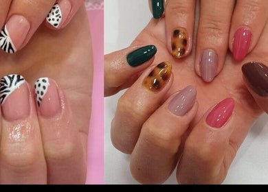 Stylish nail art designs at Dolly's Hair, Beauty Salon in Inchture, Scotland, GB, featuring vibrant patterns.