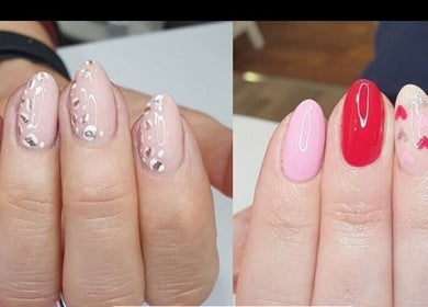 Stylish nail art designs at Dolly's Hair, Beauty Salon, Inchture, Scotland, GB showcasing intricate detailing.