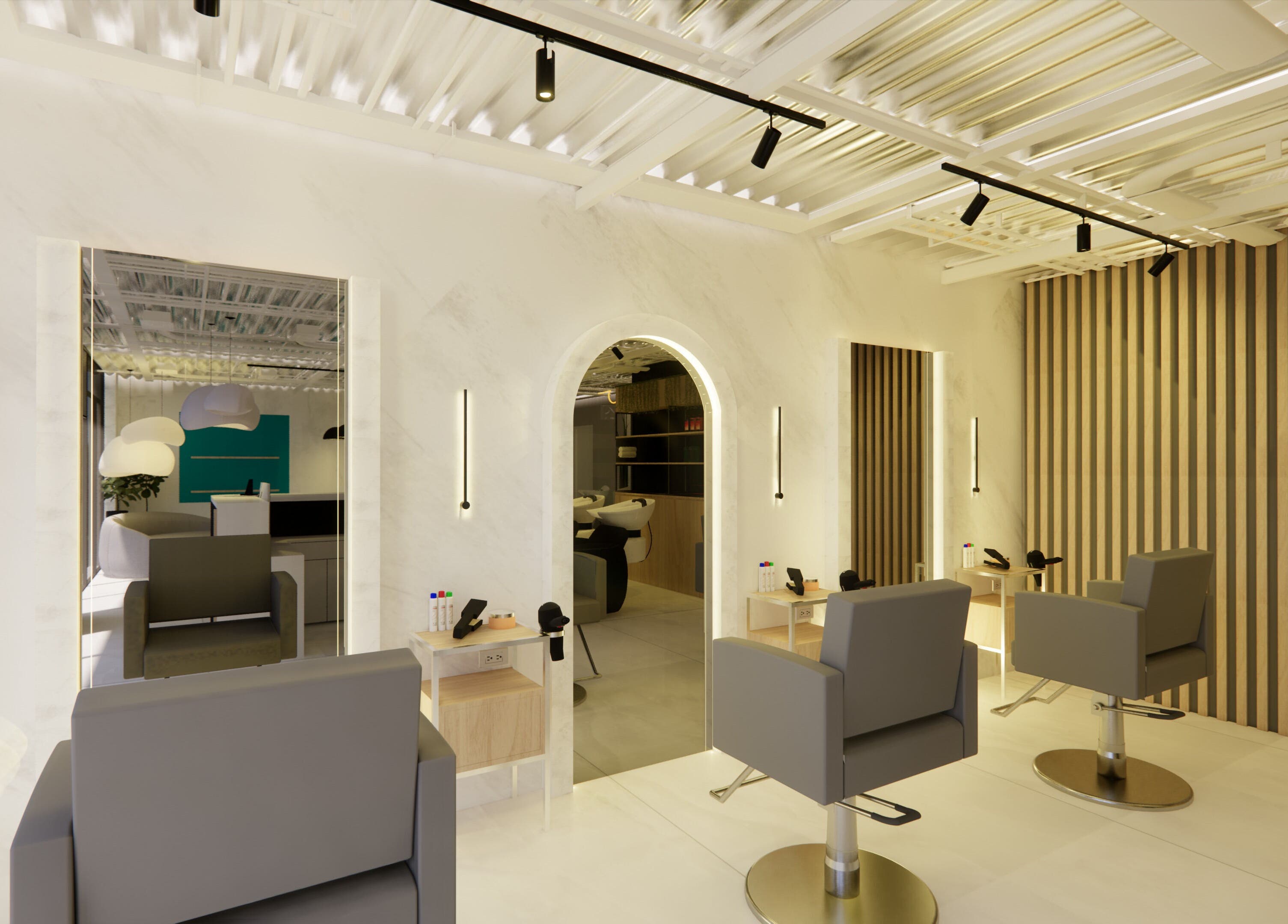 Interior moderno en Brushed Beauty Bar Cumbayá, Quito, Pichincha, EC, con sillas de peluquería y espejos iluminados.